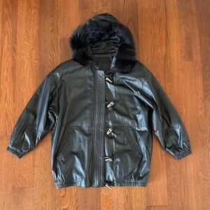 Vintage Black Leather Coat with a Faux Fur Trimmed Hood Jacqueline Ferrar